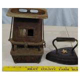 1890s PRIMITIVE sad iron heater + flatiron