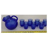 HAZEL ATLAS cobalt blue ribbed pitcher & glasses