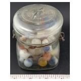 1920s Hazel Atlas Good Luck fruit jar & 60 marbles