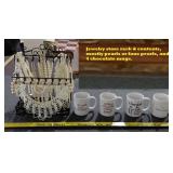 Jewelry store rack  & contents + 4 chocolate mugs