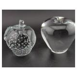 2 heavy glass apple paperweights