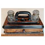 19th century burl walnut double inkwell stand