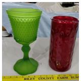 2 mid century glass vases ruby red frosted green