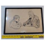 Original pen & ink drawing of veteran and child