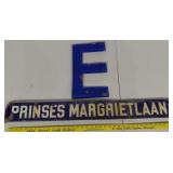 2 old heavy porcelain signs Dutch street Letter E