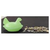 HEN ON NEST green glass + jewelry contents