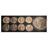 ALL BU 1923 silver peace dollar + 8 1956 D nickels
