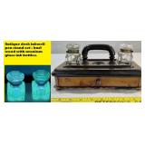 1880s double inkwell desk stand uranium glass