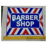 BARBER SHOP convex porcelain sign red white & blue