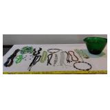 Anchor Hocking green batter jug bowl & jewelry