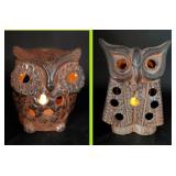 TWO 1960s OWL pottery fairy lamp candle lanterns