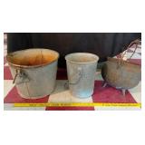 3 farm primitives Cast Iron KETTLE & 2 big buckets