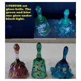 THREE Fenton art glass bells 2 are uranium glas