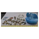 Blue slag glass eagle on nest + jewelry