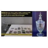 1910s HEISEY REVERE etched glass candy jar + BEADS
