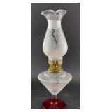 1960s ruby red & frosted glass miniature oil lamp