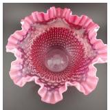 FENTON cranberry hobnail ruffled  art glass bowl