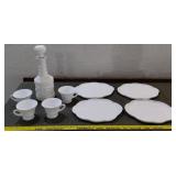 9pc lot milk glass decanter & snack cups / plates