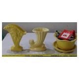 3 vintage yellow pottery vases planters + JEWELRY