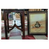 Antique scalloped parlor table & D Polk painting