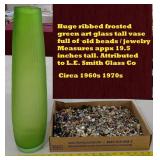 19.5'  TALL green ribbed torpedo vase & contents