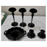 6pc BLACK AMETHYST glass LE Smith Oneida Fenton