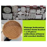 20pc crochet  doilie collection +Old wicker basket