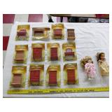 2 dolls & 12pc toy doll furniture NOS