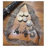 Jewelry sterling necklace ring & earrings, coins