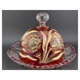 1890s MARTINSVILLE ruby red cut clear cheese dome