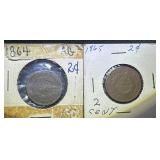 TWO 1864 1865 USA Civil War 2 cent pieces