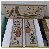 1960s 3pc gravel art wall hangings Peacocks & more