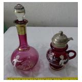 Mary Gregory red Czech syrup pitcher & decanter