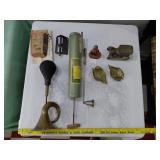 8pc vtg metalware bank dishes horn duster MORE