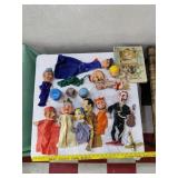 Antique puppet show book & 14 toy hand puppets