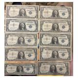 TEN 1957 $1 US silver certificates blue seal A B