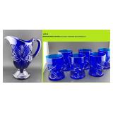 Cobalt blue glass pitcher & 6 tumblers THISTLE