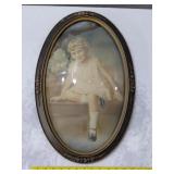 Large antique convex bubble glass picture girl