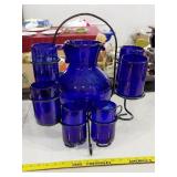 Cobalt blue handblown art glass pitcher + glasses