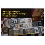 24 large antique photos & wooden chest