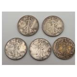 5 Walking Liberty Half Dollars