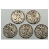 5 Walking Liberty Half Dollars Multiple Years