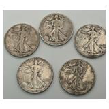 5 Walking Liberty Half Dollars