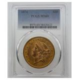 1874 $20 Gold Liberty PCGS MS60