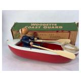 Woodettes 'Coast Guard' Action Pull Toy — Rowing Sailor, Merchandise Mart Chicago, ca. 1940s–1950s, with Original Box (One Oar Pin Missing)