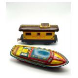 Marx Union Pacific No. 3824 Tin Litho Caboose & T. Cohn Inc. Tin Litho Speedboat — Two-Piece American Tin Toy Lot, 1950s, Made in USA