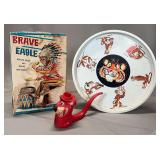 Brave Eagle Battery Operated Toy Empty Box, Tiger Motif Metal Tray, and Yogi Bear plastic pipe