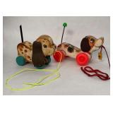 Fisher-Price Wooden Dog Pull Toy Pair — #625 'Playful Puppy' (1961) & #693 'Little Snoopy' (1965), East Aurora, NY