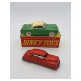 Dinky Toys No. 187 Volkswagen Karmann Ghia Coupe with Original Box (Gt. Britain, 1959–1964) Plus Tootsietoy American Sedan — Two-Piece British & American Diecast Lot