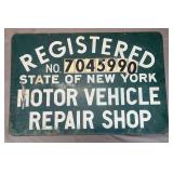 State of New York Registered Motor Vehicle Repair Shop Metal Sign